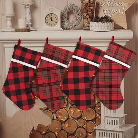 Classic Plaid Christmas Stocking Large Buffalo Check Tartan Xmas Gift Bag For Fireplace Christmas Tree Home Party Decor