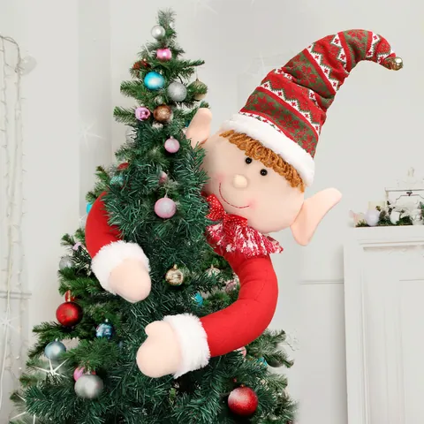 Grande Elfo de Navidad Cimera de Árbol Decoración de Peluche Rojo Verde Gorro de Punto a Rayas Ornamento Hogar Centro Comercial Decoración