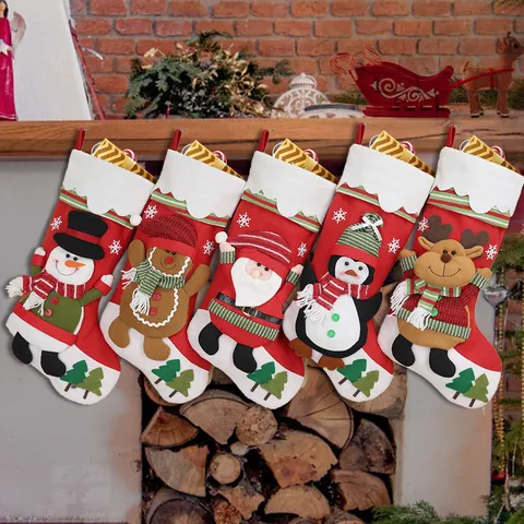 Polyester Christmas Stocking With 3D Cartoon Applique Hanging Gift Bag For Home Holiday Party Decor Santa Snowman Style