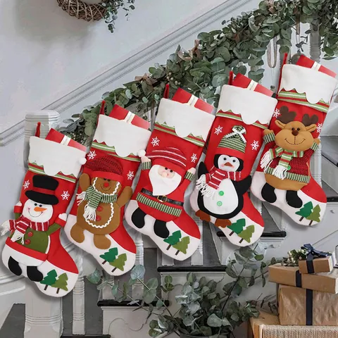 Polyester Christmas Stocking With 3D Cartoon Applique Hanging Gift Bag For Home Holiday Party Decor Santa Snowman Style