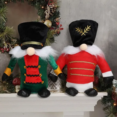 Christmas Nutcracker Soldier Gnome Ornaments Faceless Plush Doll Sitting Position With Gold Embroidery For Home Party Decor