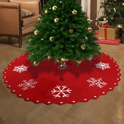 Gonna per Albero di Natale in Maglia Rossa Con Motivo a Fiocco di Neve Bianco Bordo a Festoncino Tappeto Natalizio Decorativo