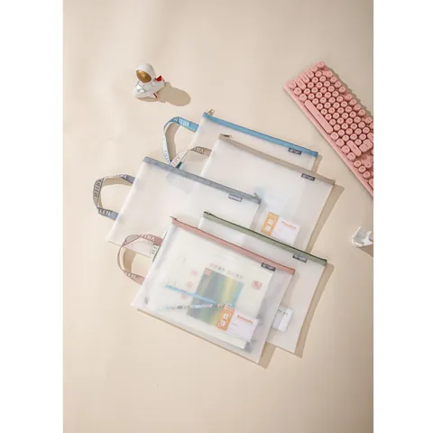 Portable Mesh Zipper File Bag A4 Waterproof PVC Document Organizer With Handle Card Slot Student Office Classification
