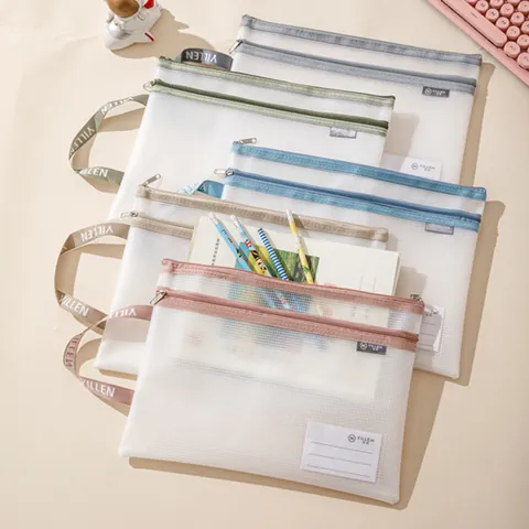 Portable Mesh Zipper File Bag A4 Waterproof PVC Document Organizer With Handle Card Slot Student Office Classification