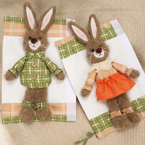 Easter Rabbit Fridge Handle Covers Plaid Plush Animal Appliance Handle Protectors For Kitchen Oven Refrigerator Decoration