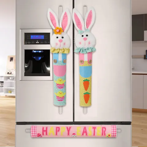 Fundas para Mangos de Refrigerador de Conejo de Pascua de Poliéster Felpa Patrón de Huevo Decoración Protectora de Cocina