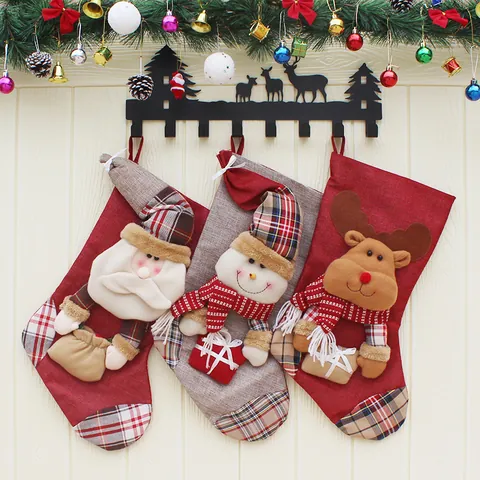 Große Weihnachtssocke Geschenktüte 3D Weihnachtsmann Schneemann Rentier Karomuster Hängende Socke Für Feiertags Party Deko