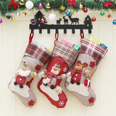 Large Christmas Stocking Xmas Decoration Gift Bag 3D Santa Snowman Reindeer Pattern For Home Festive Holiday Ornament