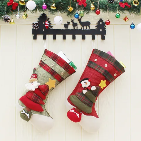 Large Christmas Stocking Burlap Linen Gift Bag Santa Snowman Plaid 3D Hanging Decoration For Xmas Party Home Decor