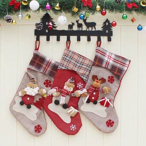 Large Christmas Stocking Xmas Decoration Gift Bag 3D Santa Snowman Reindeer Pattern For Home Festive Holiday Ornament