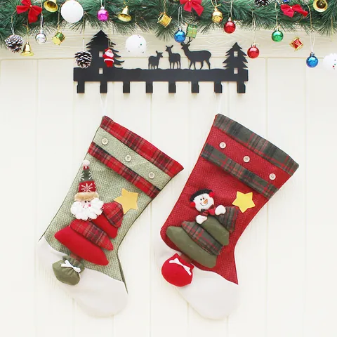 Large Christmas Stocking Burlap Linen Gift Bag Santa Snowman Plaid 3D Hanging Decoration For Xmas Party Home Decor