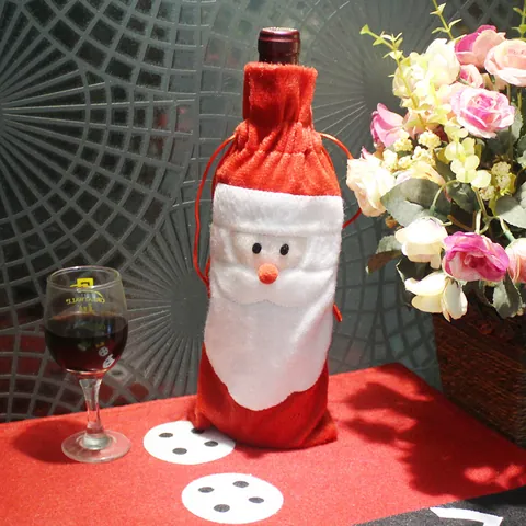 Housse de Bouteille de Vin Père Noël en Tissu Non Tissé Décoration de Noël Rouge Blanc Sac Cadeau à Cordon pour Table