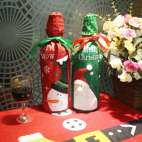 Christmas Wine Bottle Covers Santa Claus Snowman Pattern Non-woven Fabric Sequin Satin Ribbon Xmas Table Decor Gift Bags