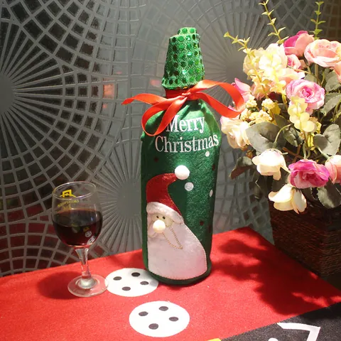 Christmas Wine Bottle Covers Santa Claus Snowman Pattern Non-woven Fabric Sequin Satin Ribbon Xmas Table Decor Gift Bags
