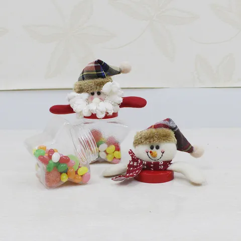 Pot à Bonbons de Noël en Plastique Transparent Bouteille de Rangement Avec Peluche Père Noël Bonhomme de Neige Renne Pour Enfants Cadeau de Fête Décoration