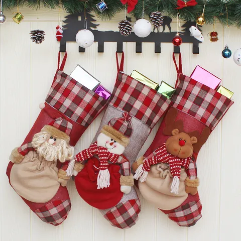 3D Plush Christmas Stocking Hanging Ornament With Santa Snowman Reindeer Character For Xmas Tree Decoration Party Gift Bag