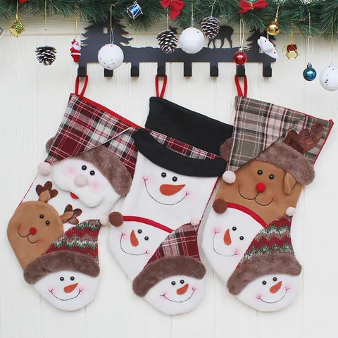 Calza Di Natale Festiva Sacco Regalo A Quadri Babbo Natale Pupazzo Di Neve Renna Peluche Ornamento Per Decorazione Casa