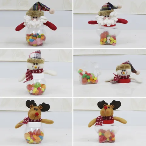 Pot à Bonbons de Noël en Plastique Transparent Bouteille de Rangement Avec Peluche Père Noël Bonhomme de Neige Renne Pour Enfants Cadeau de Fête Décoration