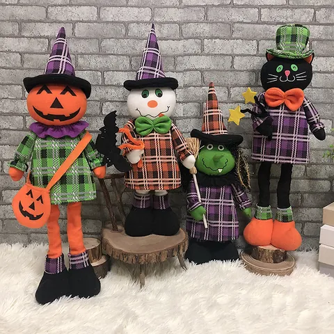 Halloween Telescopic Plush Doll Ornament Pumpkin Witch Black Cat Ghost Long Legs Plaid Cloth Figurine Party Home Decor