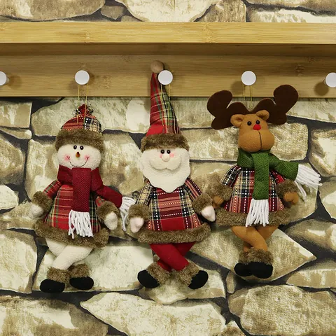Christmas Plaid Fabric Plush Pendant Santa Claus Snowman Reindeer Hanging Dolls For Christmas Tree Home Window Decor