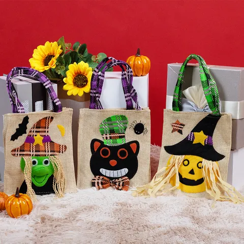 Bolsa de Regalo de Halloween de Lino con Patrón de Bruja Calabaza Gato Negro Bolso para Niños Decoración de Fiesta