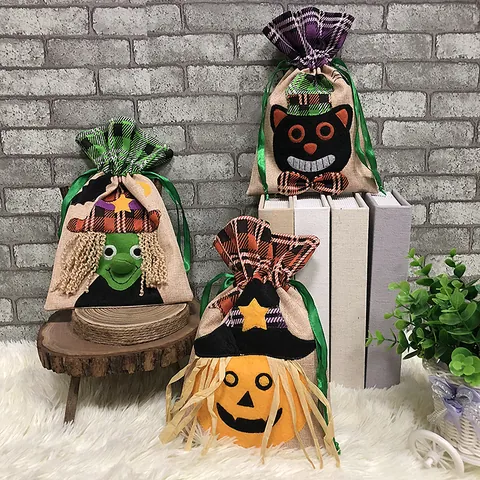 Halloween Drawstring Gift Bag Linen Candy Bag Witch Pumpkin Black Cat Pattern Party Decoration Halloween Favor Bag