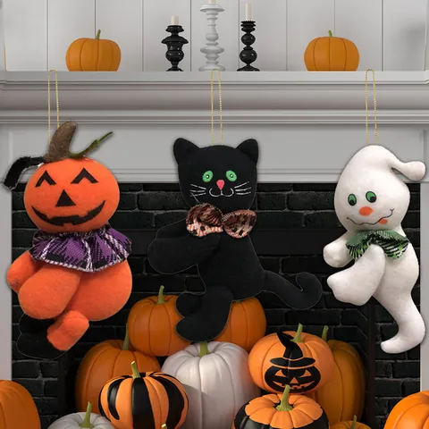 Halloween Plush Hanging Ornaments Pumpkin Ghost Black Cat Pendant With Bow Knot For Party Home Wall Decor Halloween Supplies