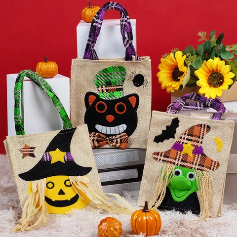 Bolsa de Regalo de Halloween de Lino con Patrón de Bruja Calabaza Gato Negro Bolso para Niños Decoración de Fiesta