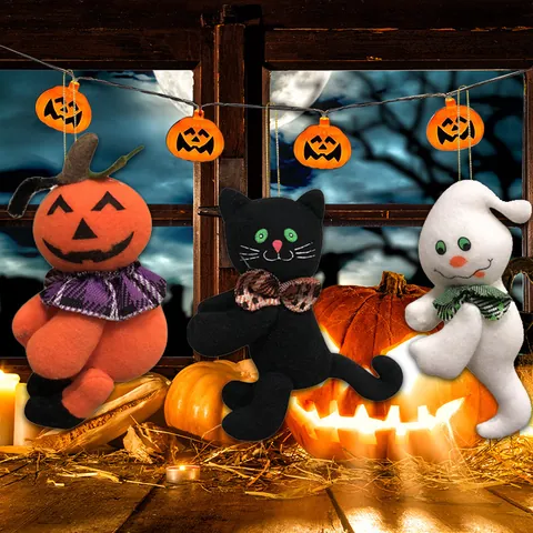 Halloween Plush Hanging Ornaments Pumpkin Ghost Black Cat Pendant With Bow Knot For Party Home Wall Decor Halloween Supplies