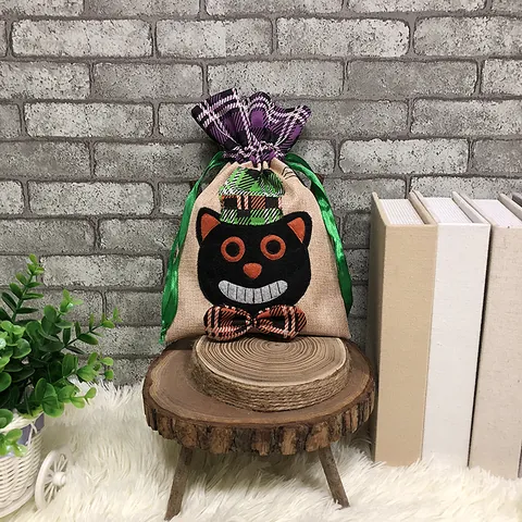 Halloween Drawstring Gift Bag Linen Candy Bag Witch Pumpkin Black Cat Pattern Party Decoration Halloween Favor Bag