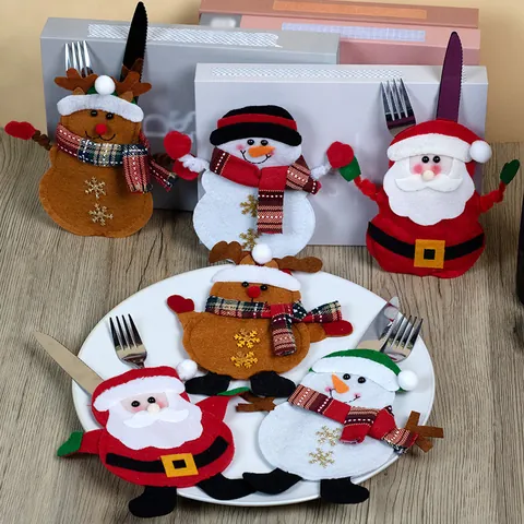 Christmas Cutlery Holder Santa Snowman Elk Pockets Felt Silverware Bag For Dining Table Decorations Party Favors Ornaments