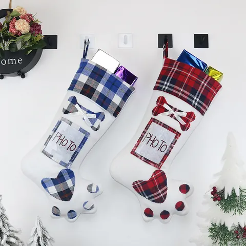 Pet Paw Christmas Stocking With DIY Photo Frame Slot Plaid Bone Heart Hanging Decoration Holiday Party Gift Bag