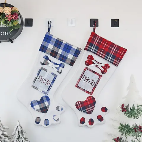 Pet Paw Christmas Stocking With DIY Photo Frame Slot Plaid Bone Heart Hanging Decoration Holiday Party Gift Bag