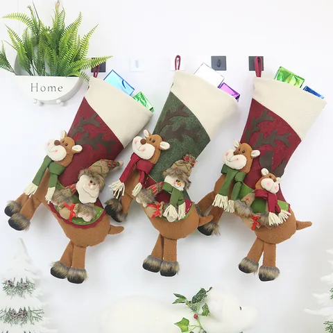 Large Christmas Stocking Gift Bag Non-Woven Fabric 3D Santa Snowman Reindeer Doll Pendant Xmas Tree Decoration Party Ornament