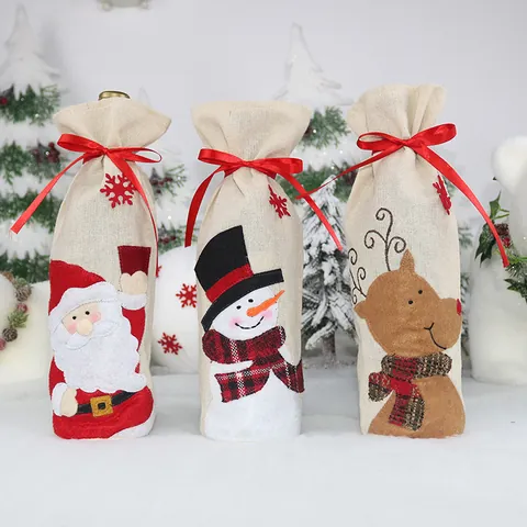 Christmas Wine Bottle Cover Burlap Gift Bags Santa Snowman Reindeer Patterns Festive Dinner Table Decor Party Ornaments