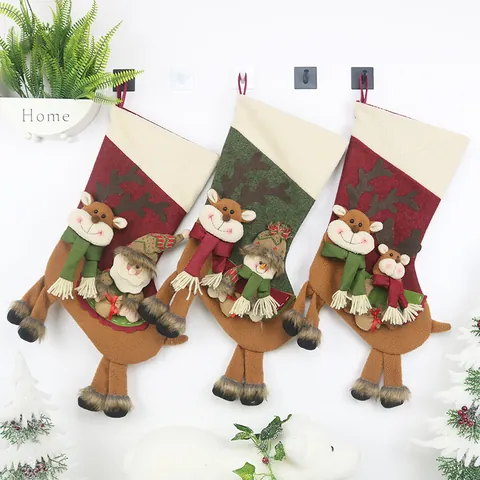 Large Christmas Stocking Gift Bag Non-Woven Fabric 3D Santa Snowman Reindeer Doll Pendant Xmas Tree Decoration Party Ornament