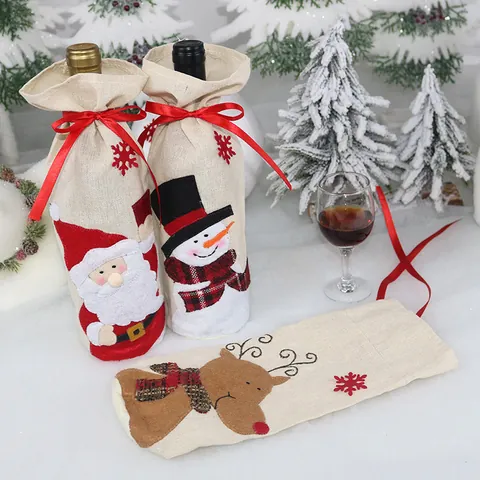 Christmas Wine Bottle Cover Burlap Gift Bags Santa Snowman Reindeer Patterns Festive Dinner Table Decor Party Ornaments