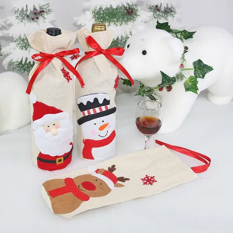 Χριστουγεννιάτικο Κάλυμμα Μπουκαλιού Κρασιού Λινάτσα Τσάντα Δώρου Άγιος Βασίλης Χιονάνθρωπος Τάρανδος Applique Κόκκινος Σατέν Φιόγκος Διακόσμηση