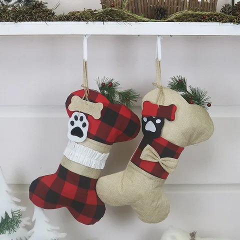 Haustier Knochenform Weihnachtssocke Karo Leinen Hängende Dekoration Für Hund Pfote Spitze Schleife Feiertag Party Süßigkeitentüte