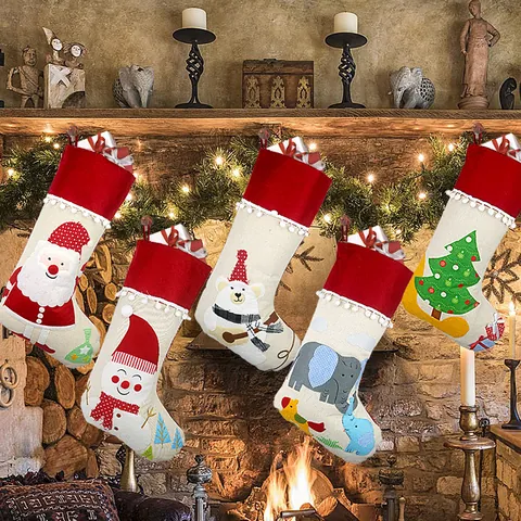 Christmas Stocking Gift Bag Non-woven Linen Hanging Sock Ornament With Plush Balls For Christmas Tree Fireplace Home Decor