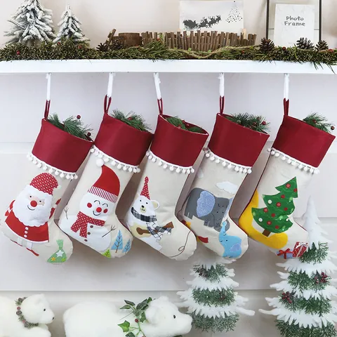 Christmas Stocking Gift Bag Non-woven Linen Hanging Sock Ornament With Plush Balls For Christmas Tree Fireplace Home Decor