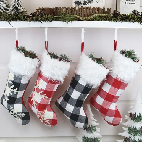 Buffalo Plaid Christmas Stockings With White Plush Cuff And Snowflake Embroidery Hanging Christmas Socks For Fireplace Holiday Decor Red Black