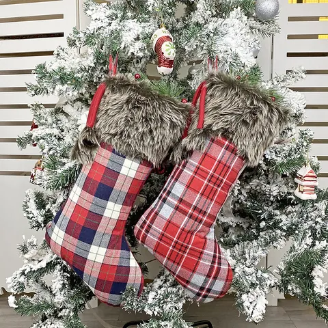 Large Christmas Stocking Plaid Xmas Gift Bag With Faux Fur Trim And Pom Poms Hanging Christmas Tree Ornament Holiday Decor