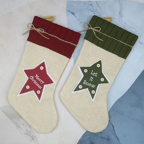 Calza di Natale Rustica in Lino con Toppa a Stella Decorazione Bottone in Legno Merry Christmas Let It Snow Sacco Regalo