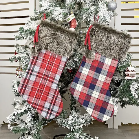 Large Christmas Stocking Plaid Xmas Gift Bag With Faux Fur Trim And Pom Poms Hanging Christmas Tree Ornament Holiday Decor