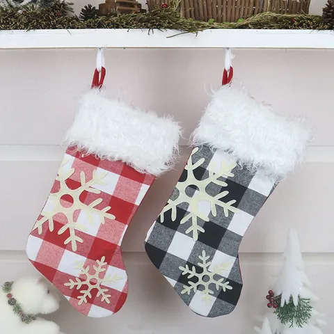 Buffalo Plaid Christmas Stockings With White Plush Cuff And Snowflake Embroidery Hanging Christmas Socks For Fireplace Holiday Decor Red Black