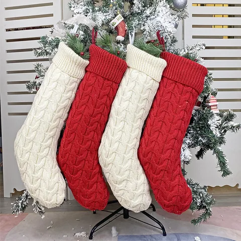 Grandi Calze di Natale Lavorate a Maglia in Lana con Trama a Trecce per Decorazione Albero di Natale Ornamento Appeso Sacchetti Regalo