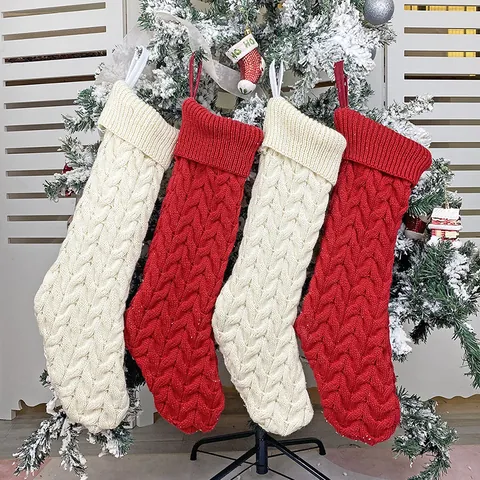 Grandi Calze di Natale Lavorate a Maglia in Lana con Trama a Trecce per Decorazione Albero di Natale Ornamento Appeso Sacchetti Regalo