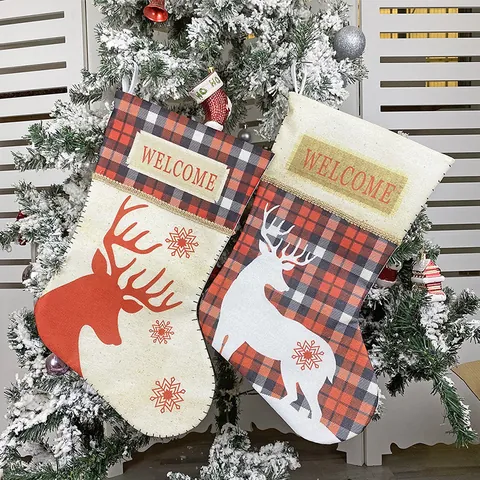 Weihnachtsstrumpf Dekoration Rentier Schneeflocke Buffalo Karomuster Süßigkeiten Geschenkbeutel Mit Aufhängeschlaufe Deko