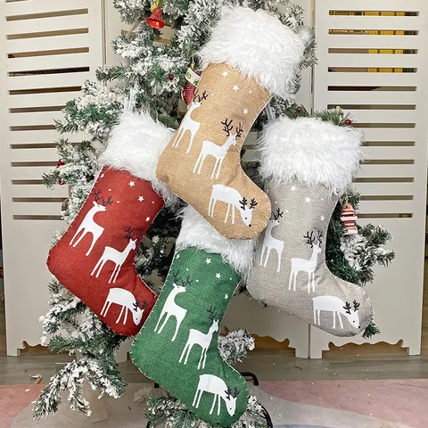 Calza di Natale Con Motivo Renna Bordo in Pelliccia Sintetica Sacco Regalo Caramelle in Lino Per Festa di Natale Casa